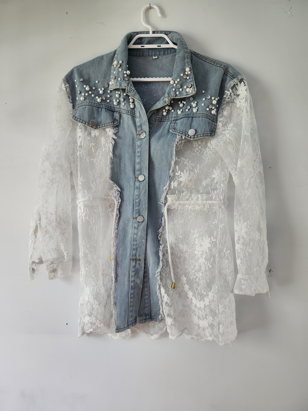 Denim & Lace Pearl-Embellished Blouse | Western Cowgirl Chic